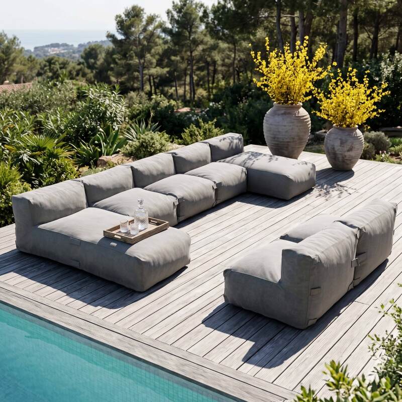 Salon de jardin modulable 7 places avec 5 fauteuils et 2 méridiennes