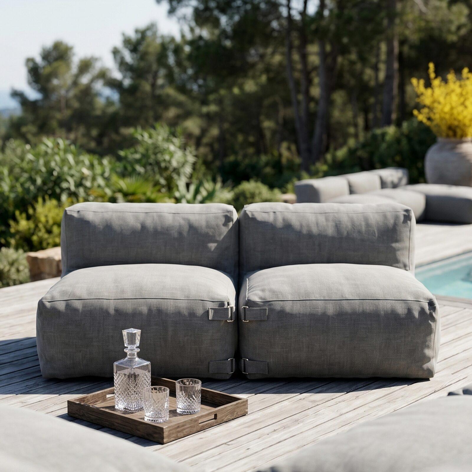 Salon de jardin modulable 7 places avec 5 fauteuils et 2 méridiennes