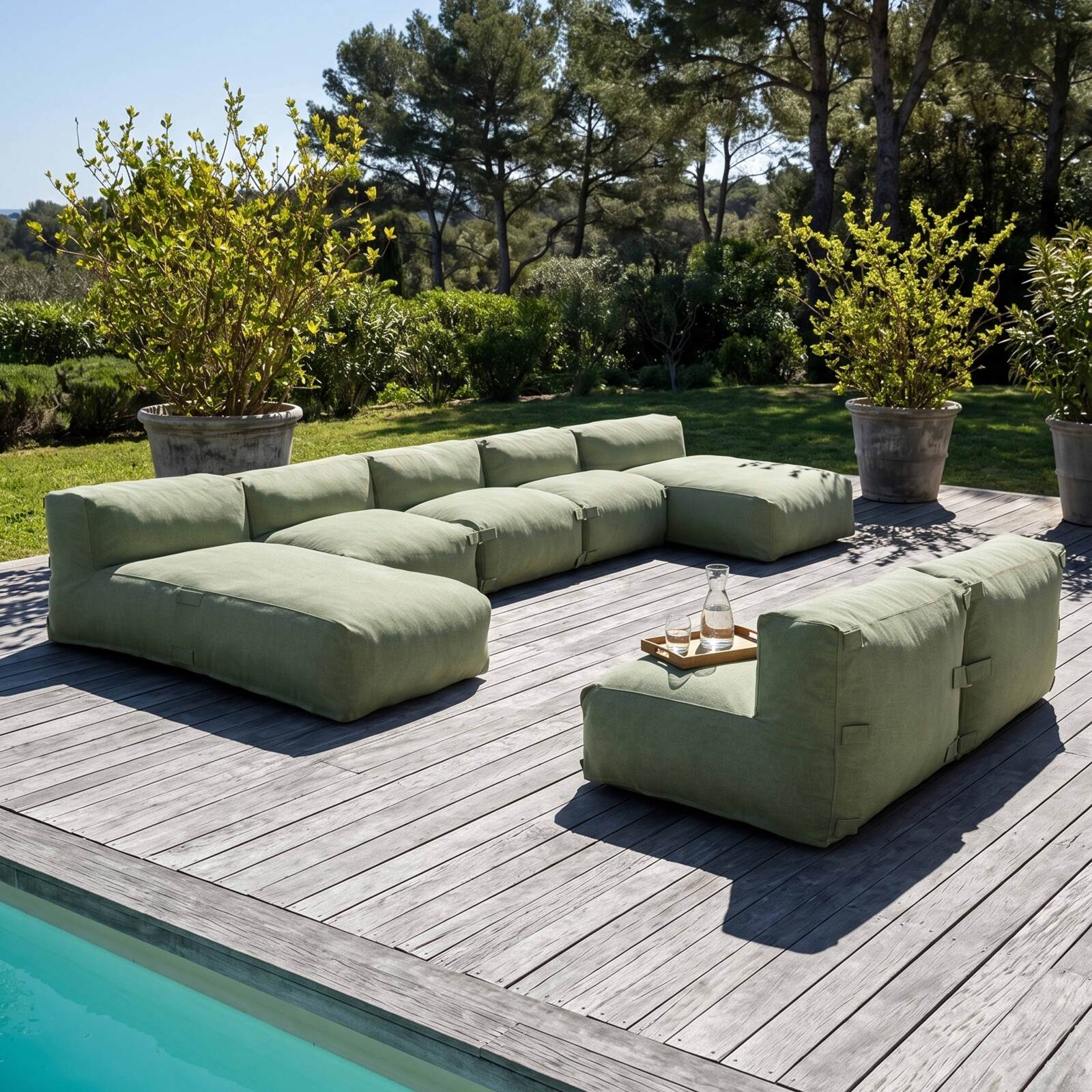Salon de jardin modulable 7 places avec 5 fauteuils et 2 méridiennes