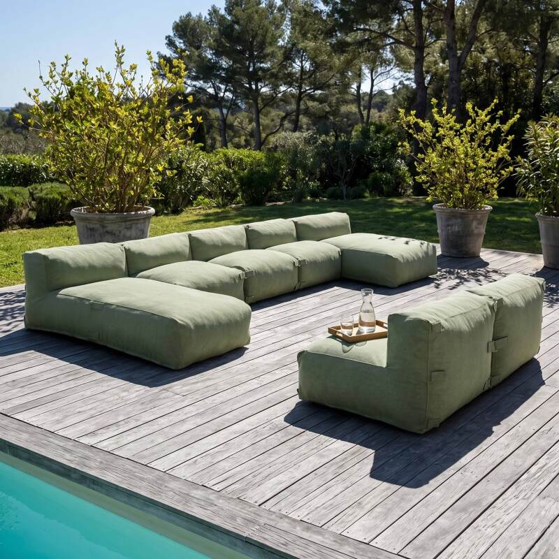 Salon de jardin modulable 7 places avec 5 fauteuils et 2 méridiennes