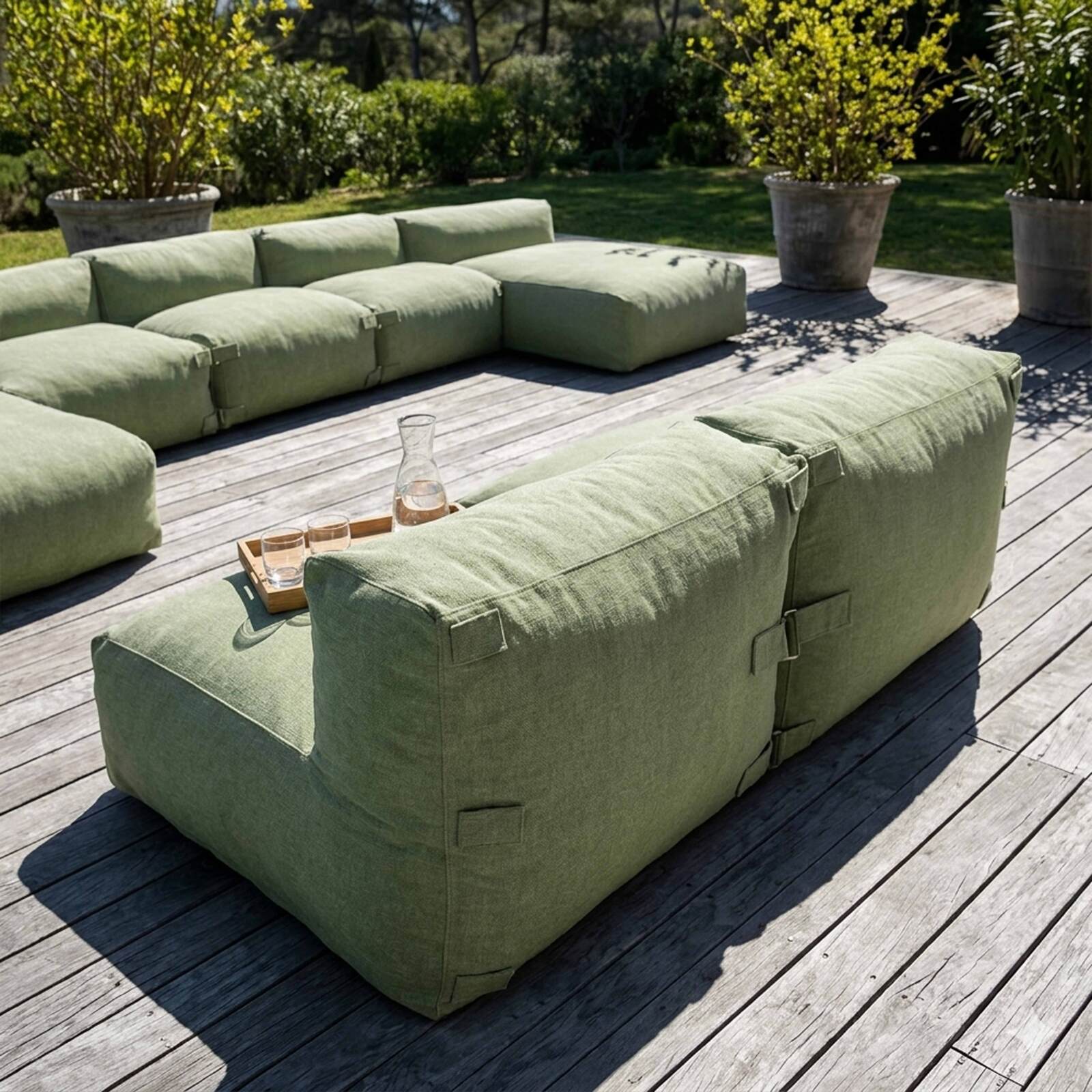 Salon de jardin modulable 7 places avec 5 fauteuils et 2 méridiennes