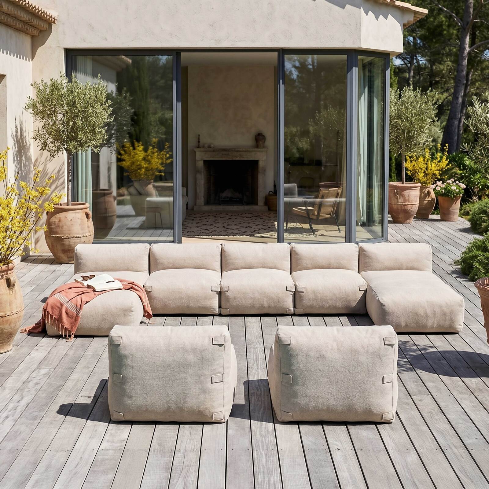 Salon de jardin modulable 7 places avec 5 fauteuils et 2 méridiennes