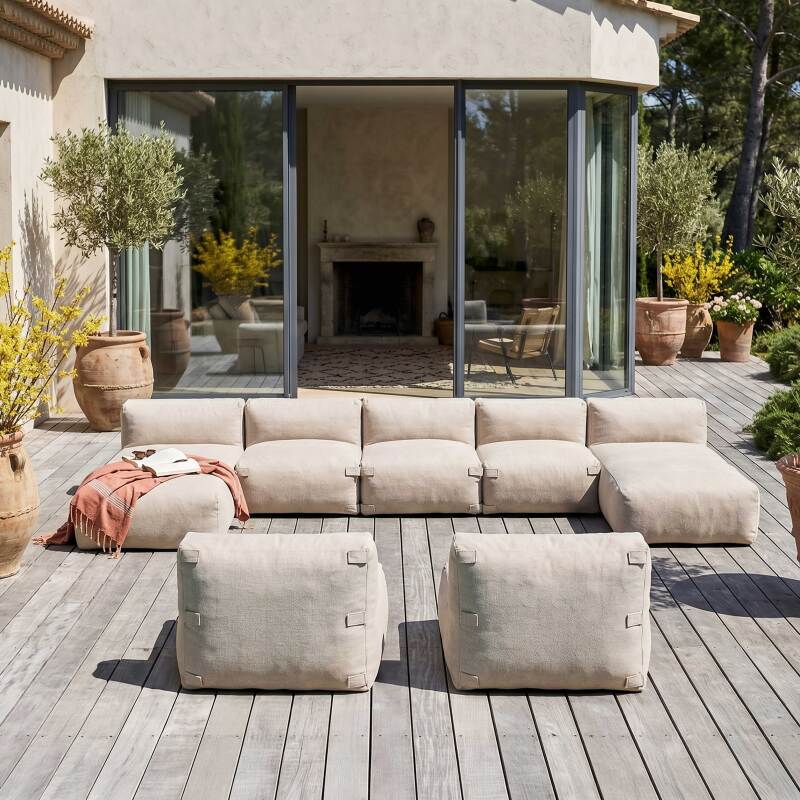 Salon de jardin modulable 7 places avec 5 fauteuils et 2 méridiennes