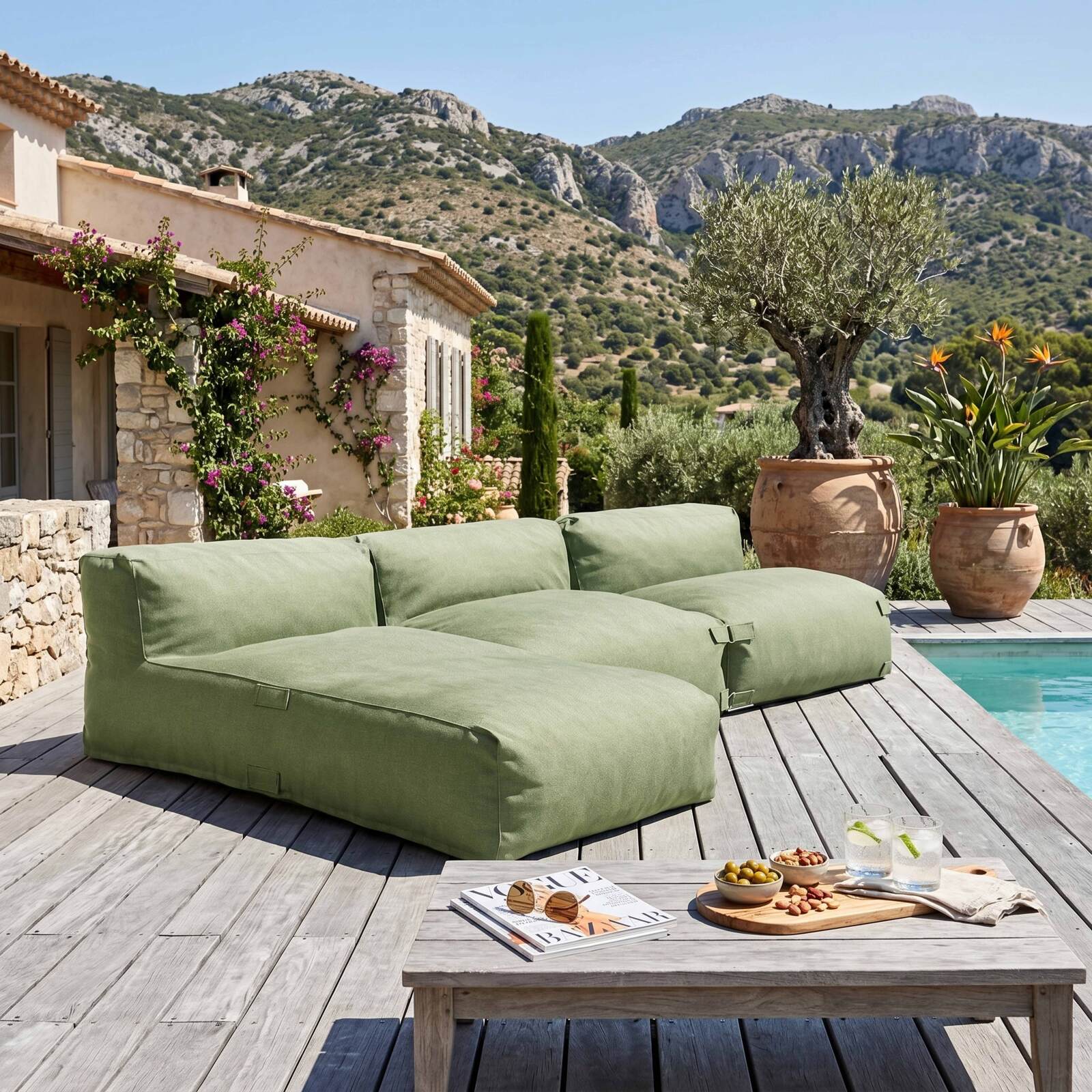 Salon de jardin modulable 3 places avec 2 fauteuils et 1 méridienne