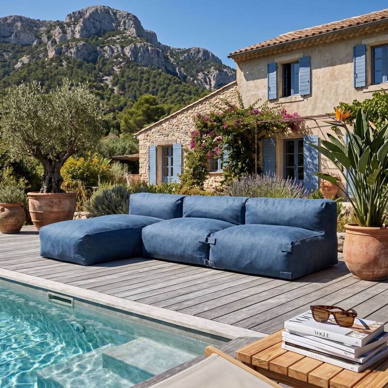 Salon de jardin modulable 3 places avec 2 fauteuils et 1 méridienne