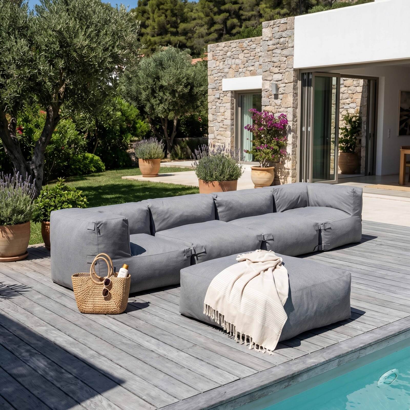 Salon de jardin modulable 5 places avec 2 chauffeuses, 2 fauteuils d'angle et 1 pouf