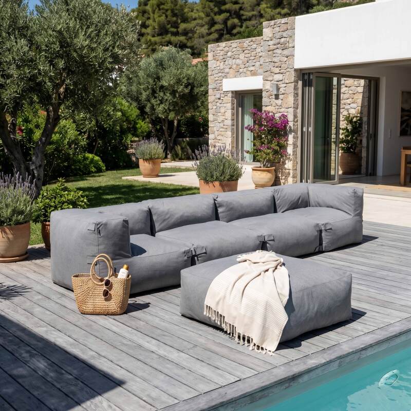 Salon de jardin modulable 5 places avec 2 chauffeuses, 2 fauteuils d'angle et 1 pouf