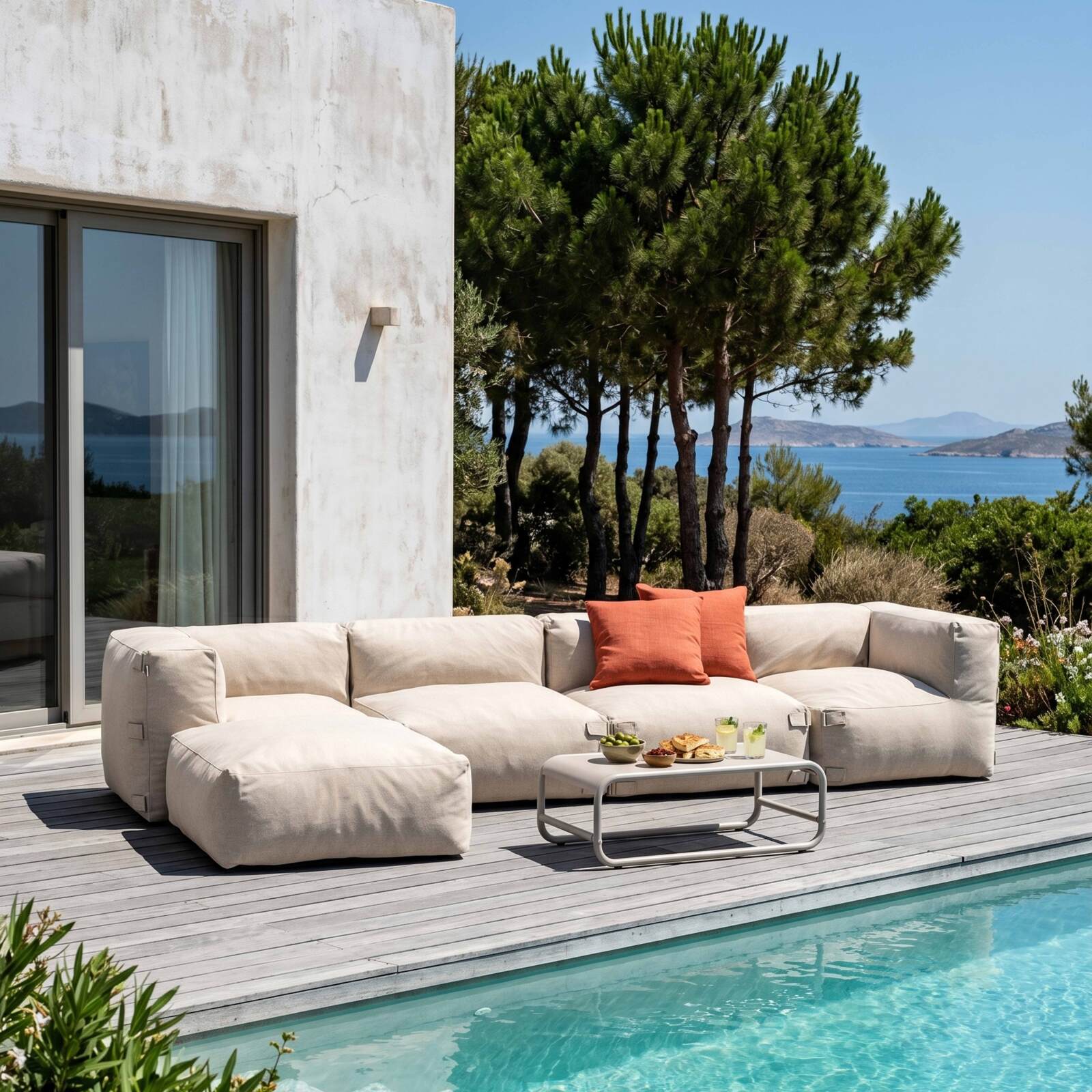 Salon de jardin modulable 5 places avec 2 chauffeuses, 2 fauteuils d'angle et 1 pouf