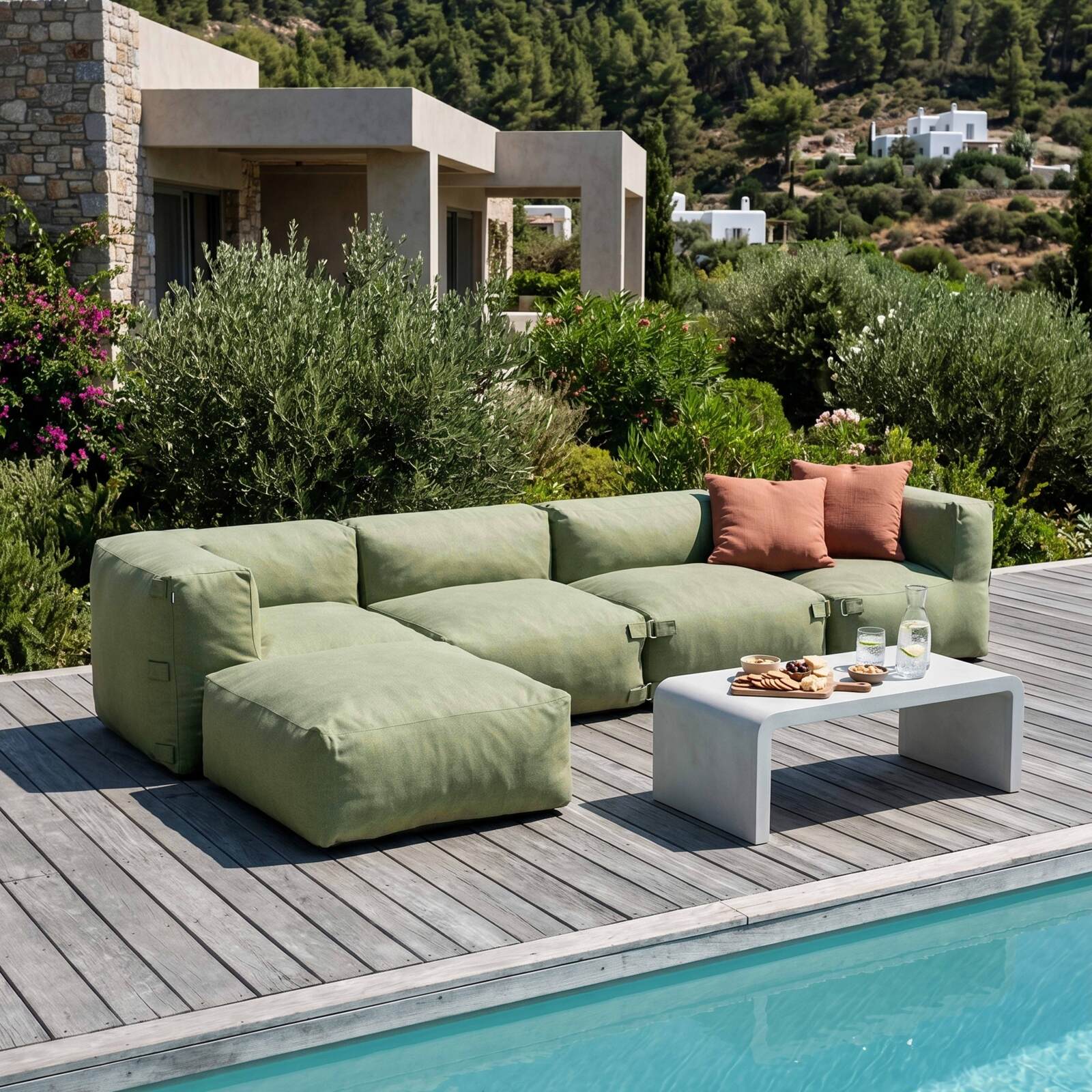Salon de jardin modulable 5 places avec 2 chauffeuses, 2 fauteuils d'angle et 1 pouf