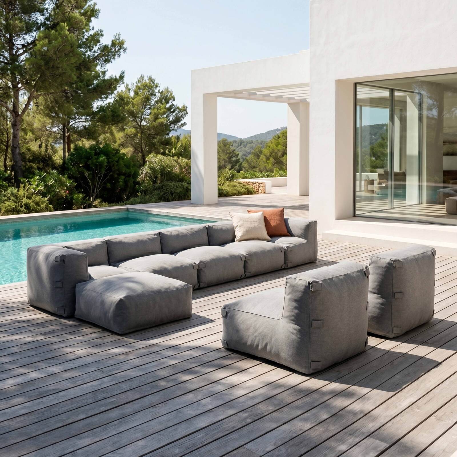 Salon de jardin modulable 8 places avec 5 chauffeuses, 2 fauteuils d'angle et 1 pouf
