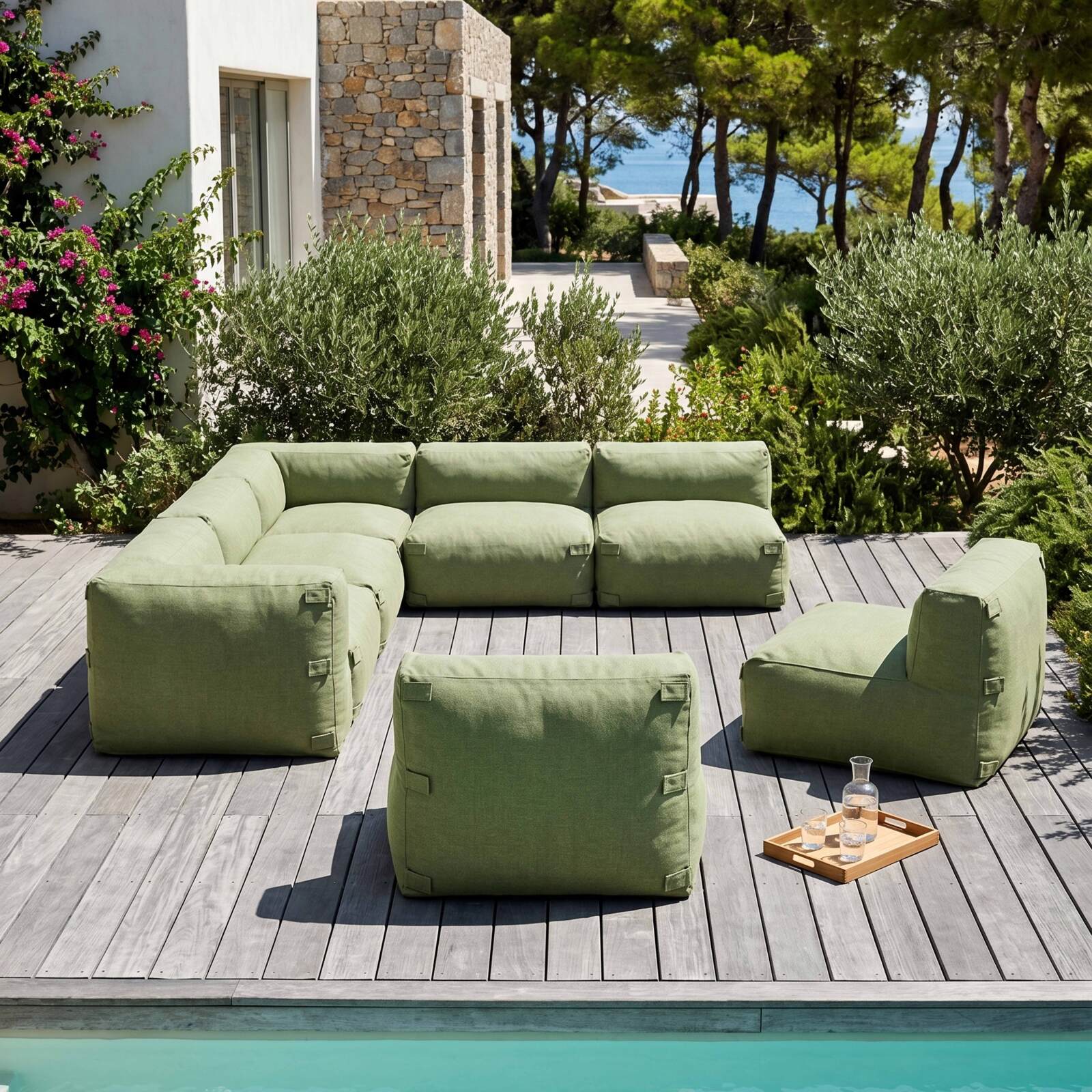 Salon de jardin modulable 8 places avec 5 chauffeuses, 2 fauteuils d'angle et 1 pouf