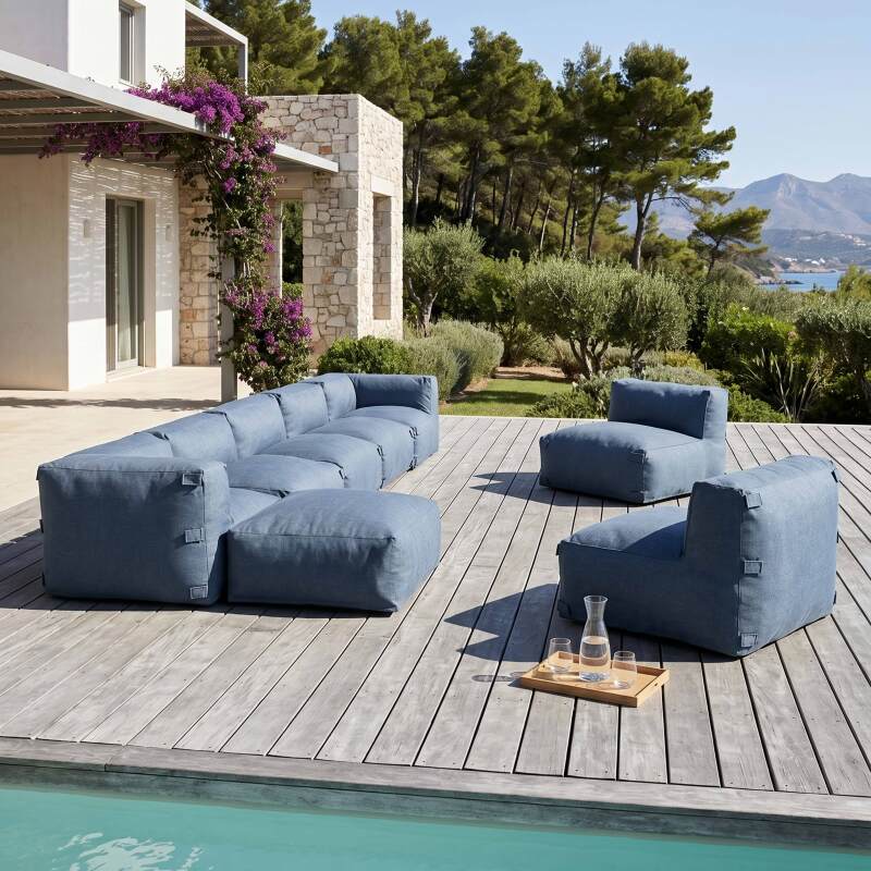 Salon de jardin modulable 8 places avec 5 chauffeuses, 2 fauteuils d'angle et 1 pouf