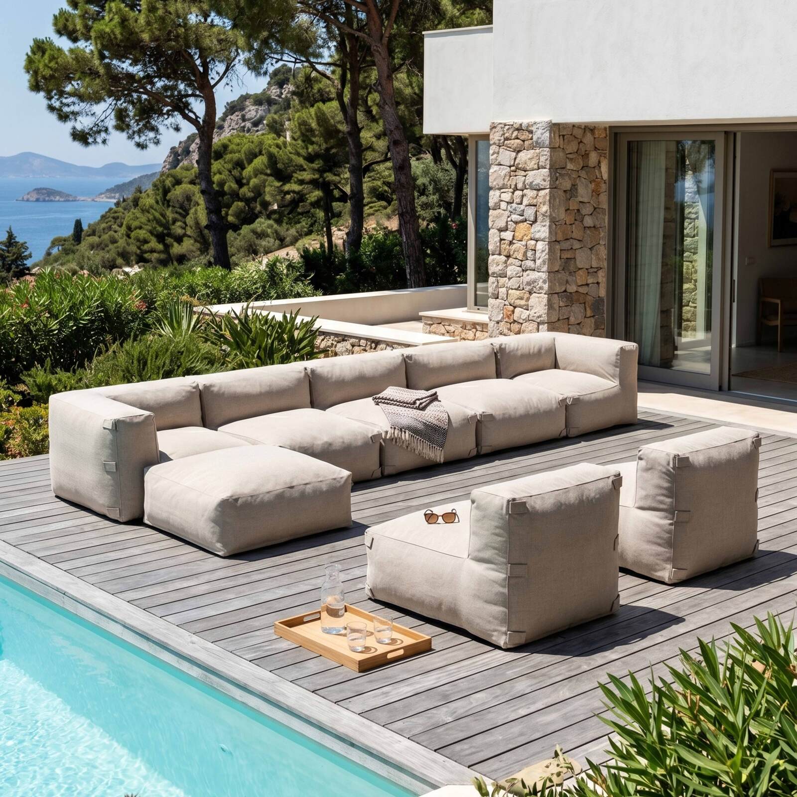 Salon de jardin modulable 8 places avec 5 chauffeuses, 2 fauteuils d'angle et 1 pouf