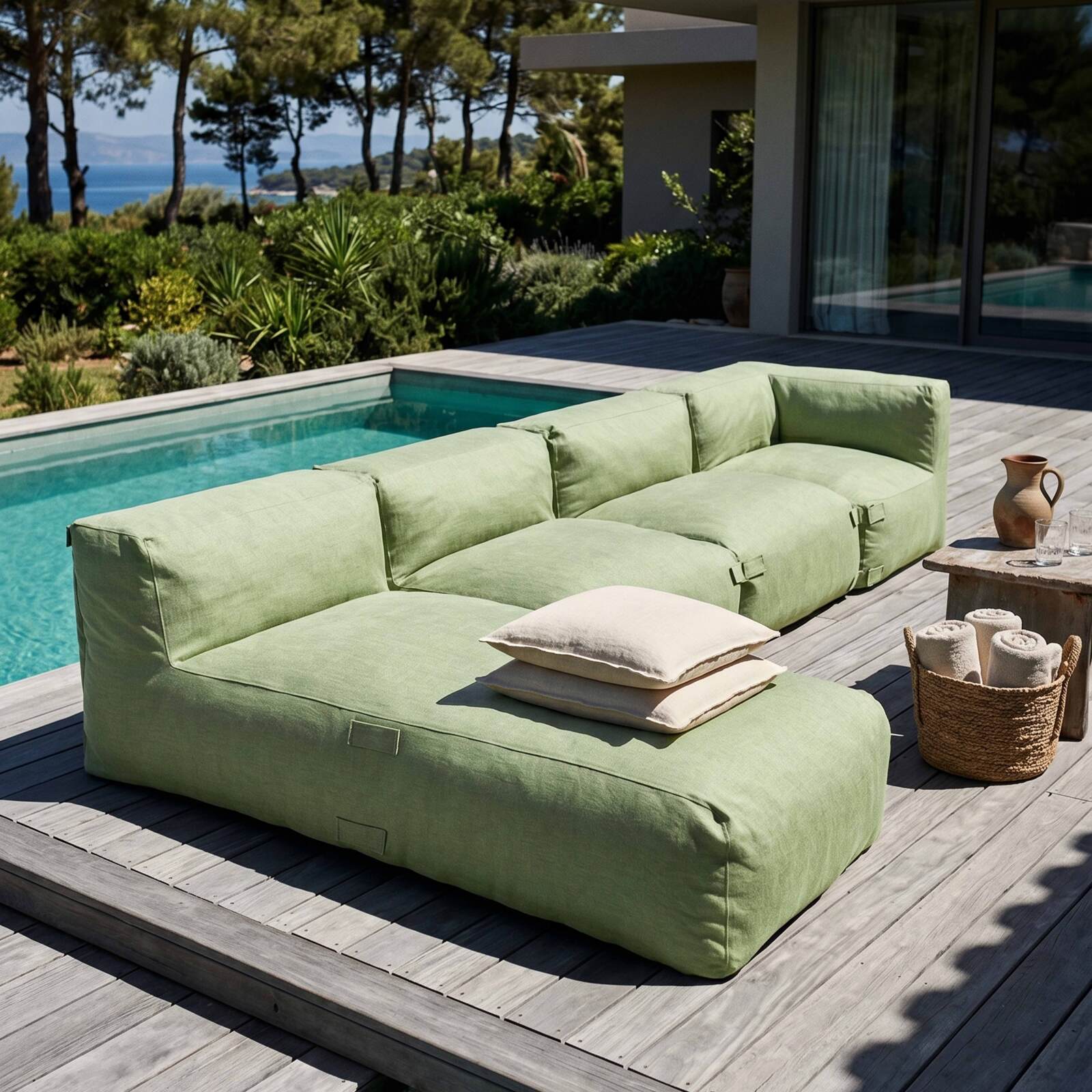 Salon de jardin modulable 4 places avec 2 chauffeuses, 1 fauteuil d'angle et 1 méridienne