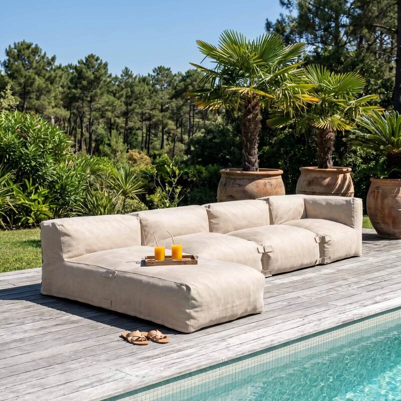 Salon de jardin modulable 4 places avec 2 chauffeuses, 1 fauteuil d'angle et 1 méridienne