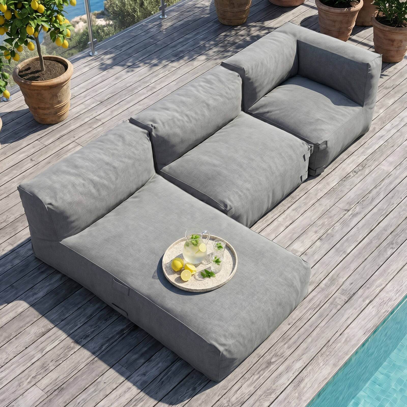 Salon de jardin modulable 3 places avec 1 chauffeuse, 1 fauteuil d'angle et 1 méridienne