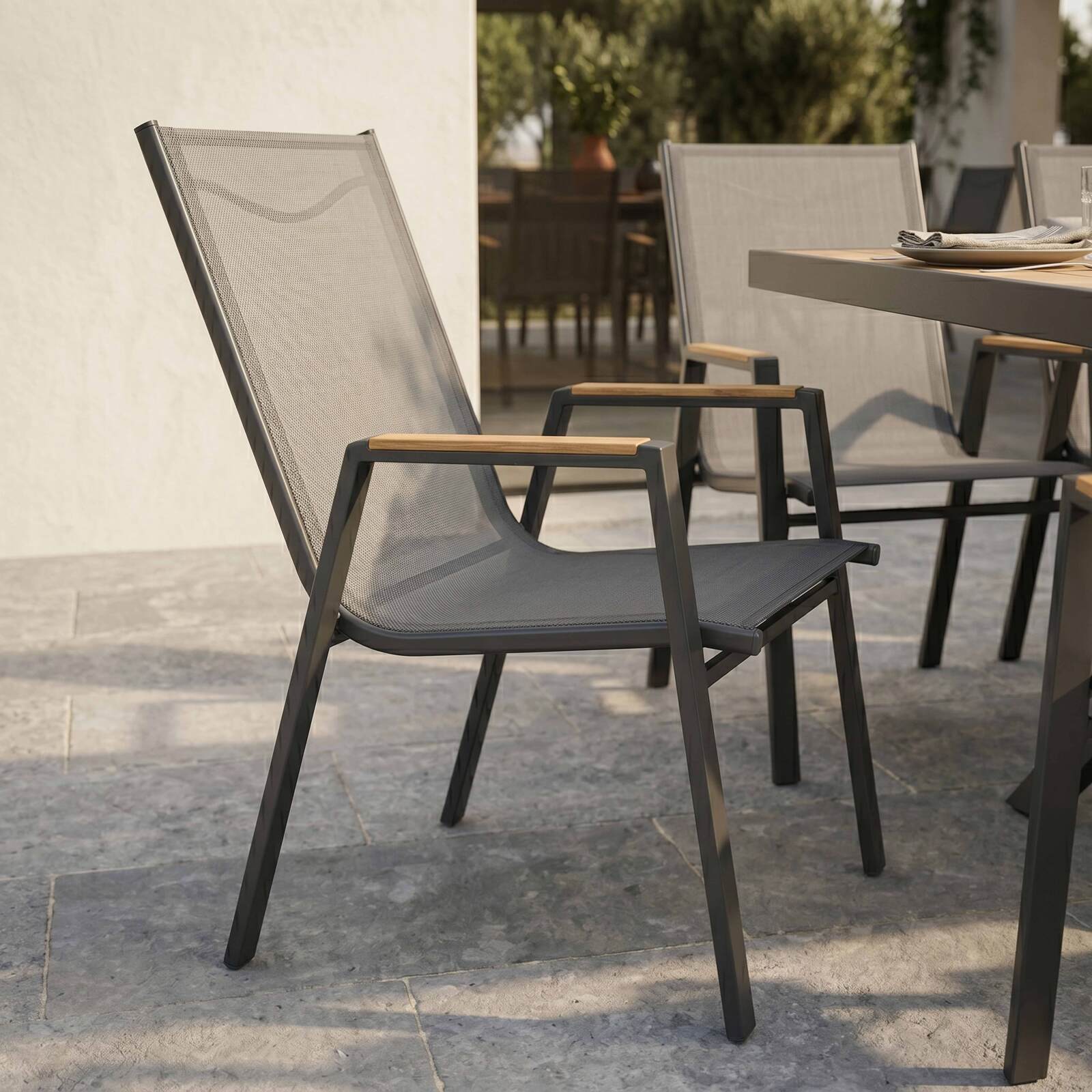 Table de jardin extensible en aluminium 187/250x90 cm et 10 chaises avec accoudoirs en textilène