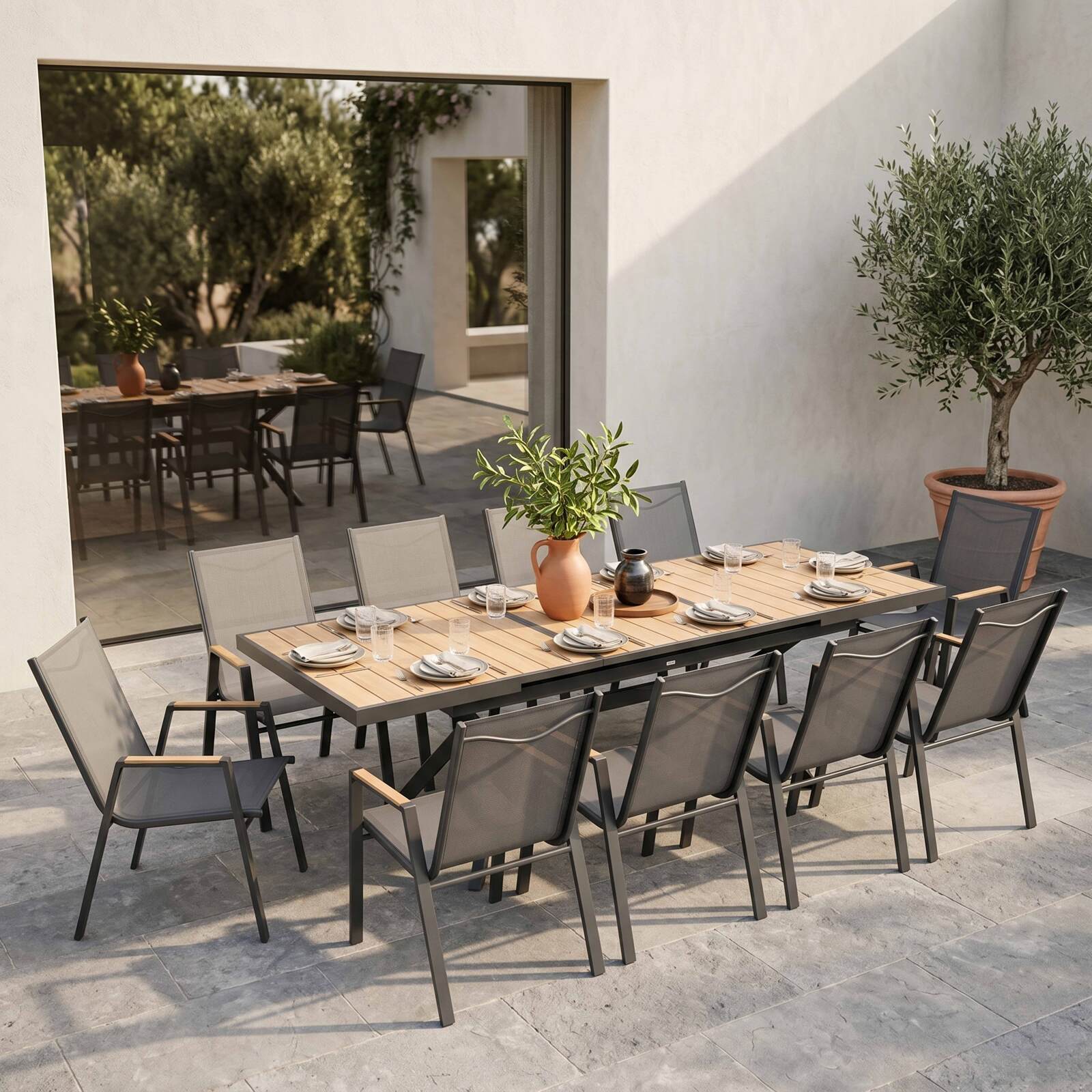 Table de jardin extensible en aluminium et effet bois 8 à 10 personnes 187/250x90 cm