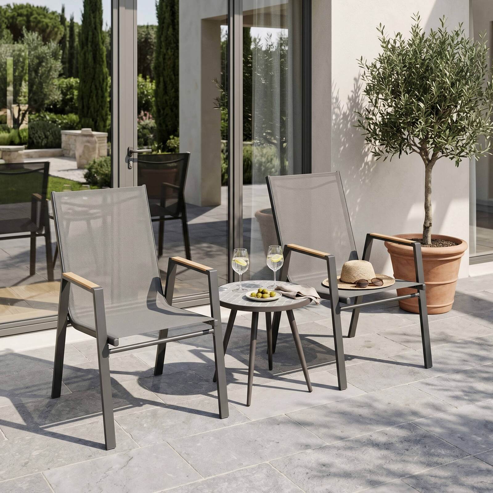 Chaises de jardin en aluminium et textilène avec accoudoirs - Lot de 2
