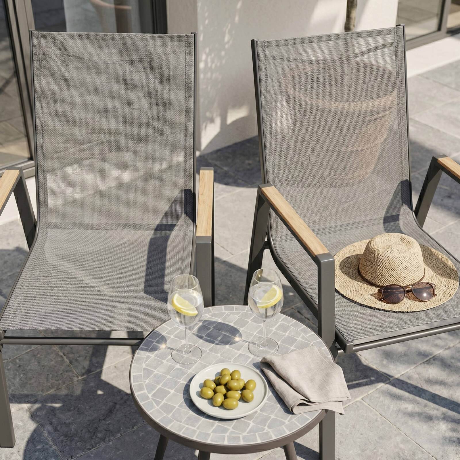 Chaises de jardin en aluminium et textilène avec accoudoirs - Lot de 2