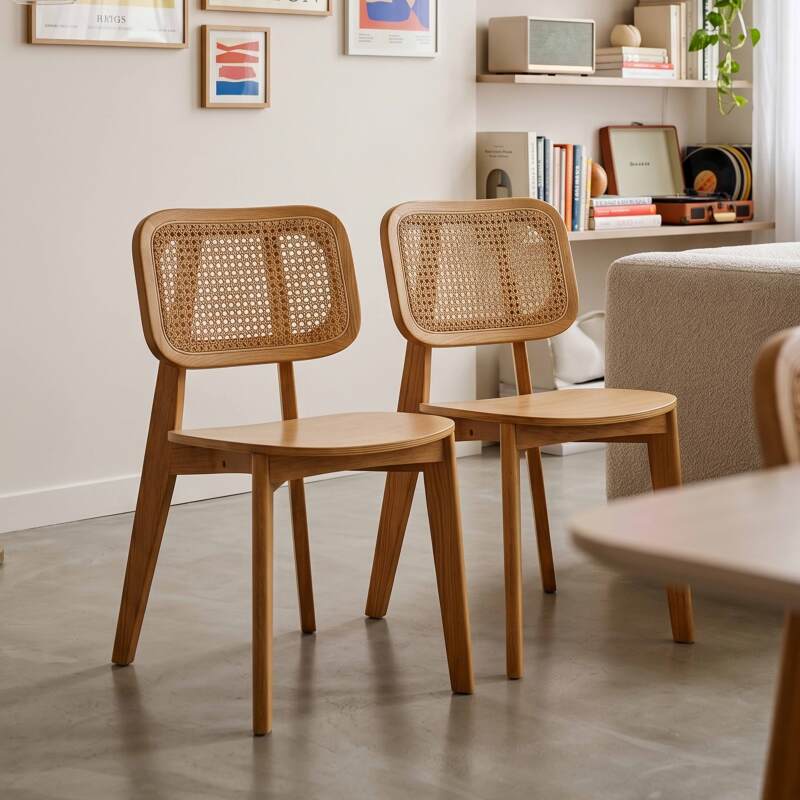 Chaises en bois d'orme et rotin naturel avec dossier esprit cannage - Lot de 2