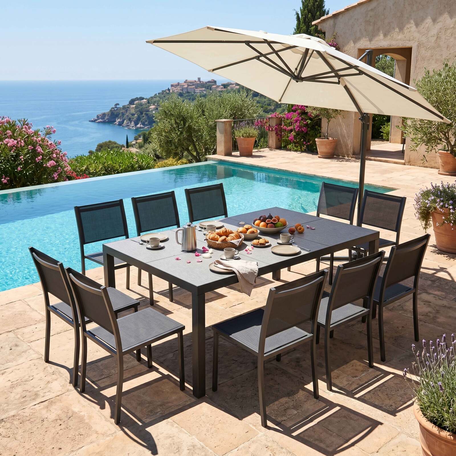 Table de jardin en aluminium et céramique motif Fabric 182x121 cm et 10 chaises en textilène