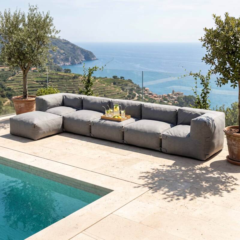 Salon de jardin modulable 6 places avec 3 chauffeuses, 2 fauteuils d'angle et 1 pouf - Ambiance