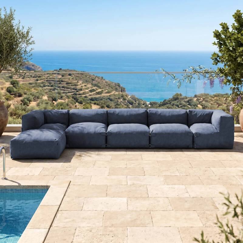 Salon de jardin modulable 6 places avec 3 chauffeuses, 2 fauteuils d'angle et 1 pouf - Ambiance