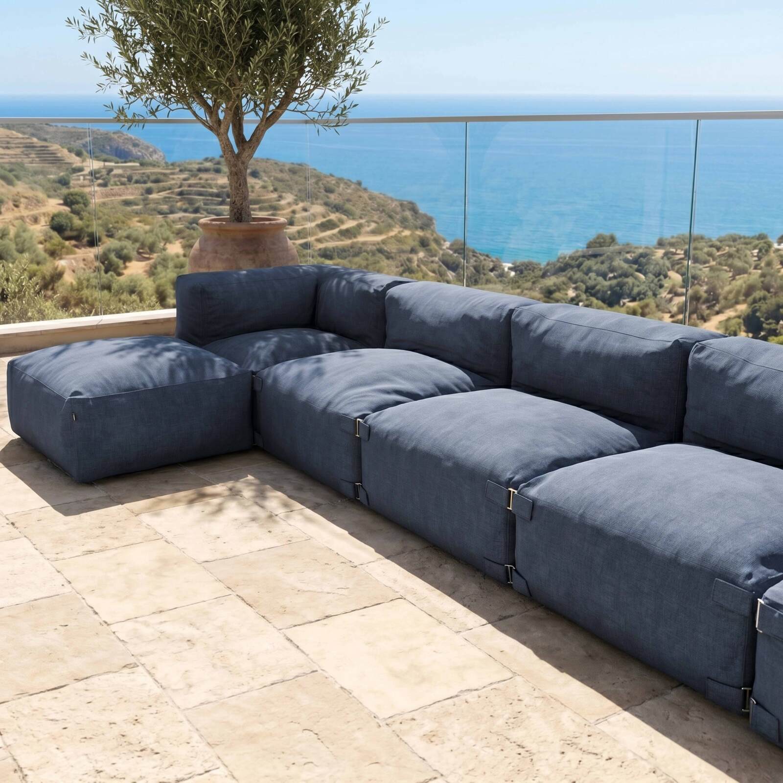 Salon de jardin modulable 6 places avec 3 chauffeuses, 2 fauteuils d'angle et 1 pouf