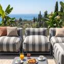 Salon de jardin modulable rayé 4 places avec structure, 3 chauffeuses, 1 pouf et table basse
