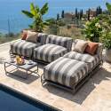 Salon de jardin modulable rayé 4 places avec structure, 3 chauffeuses, 1 pouf et table basse