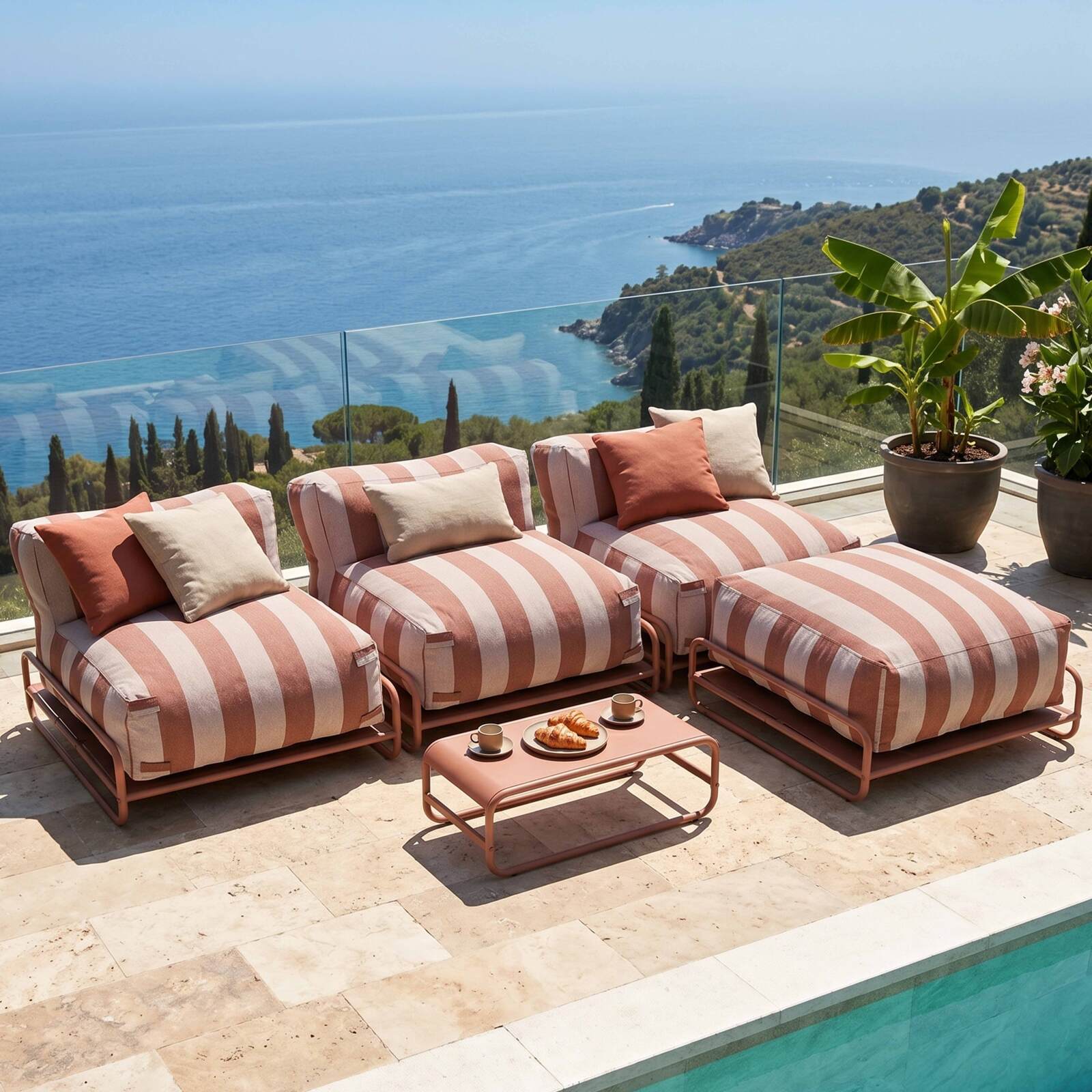 Salon de jardin modulable rayé 4 places avec structure, 3 chauffeuses, 1 pouf et table basse