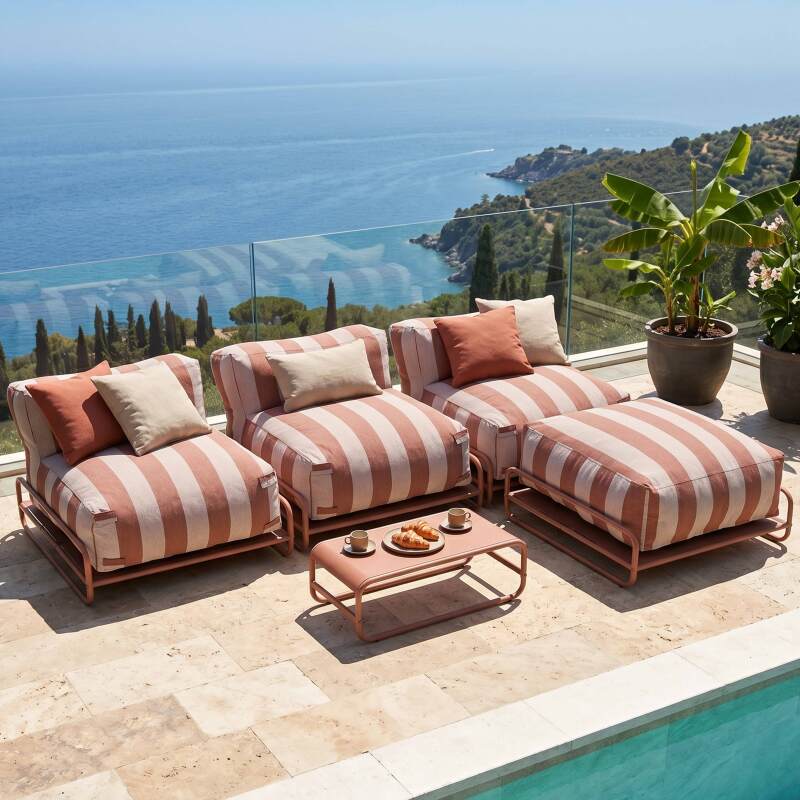 Salon de jardin modulable rayé 4 places avec structure, 3 chauffeuses, 1 pouf et table basse
