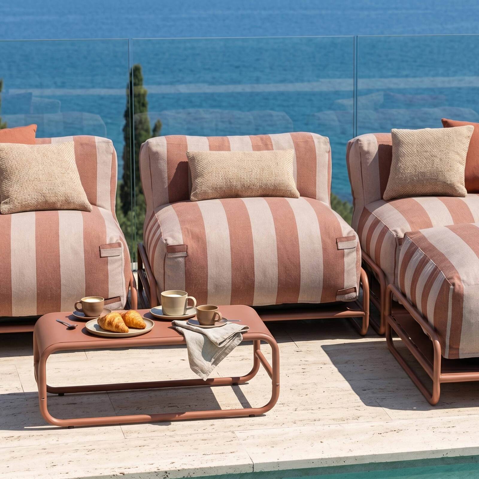 Salon de jardin modulable rayé 4 places avec structure, 3 chauffeuses, 1 pouf et table basse