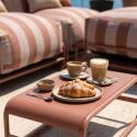 Salon de jardin modulable rayé 4 places avec structure, 3 chauffeuses, 1 pouf et table basse