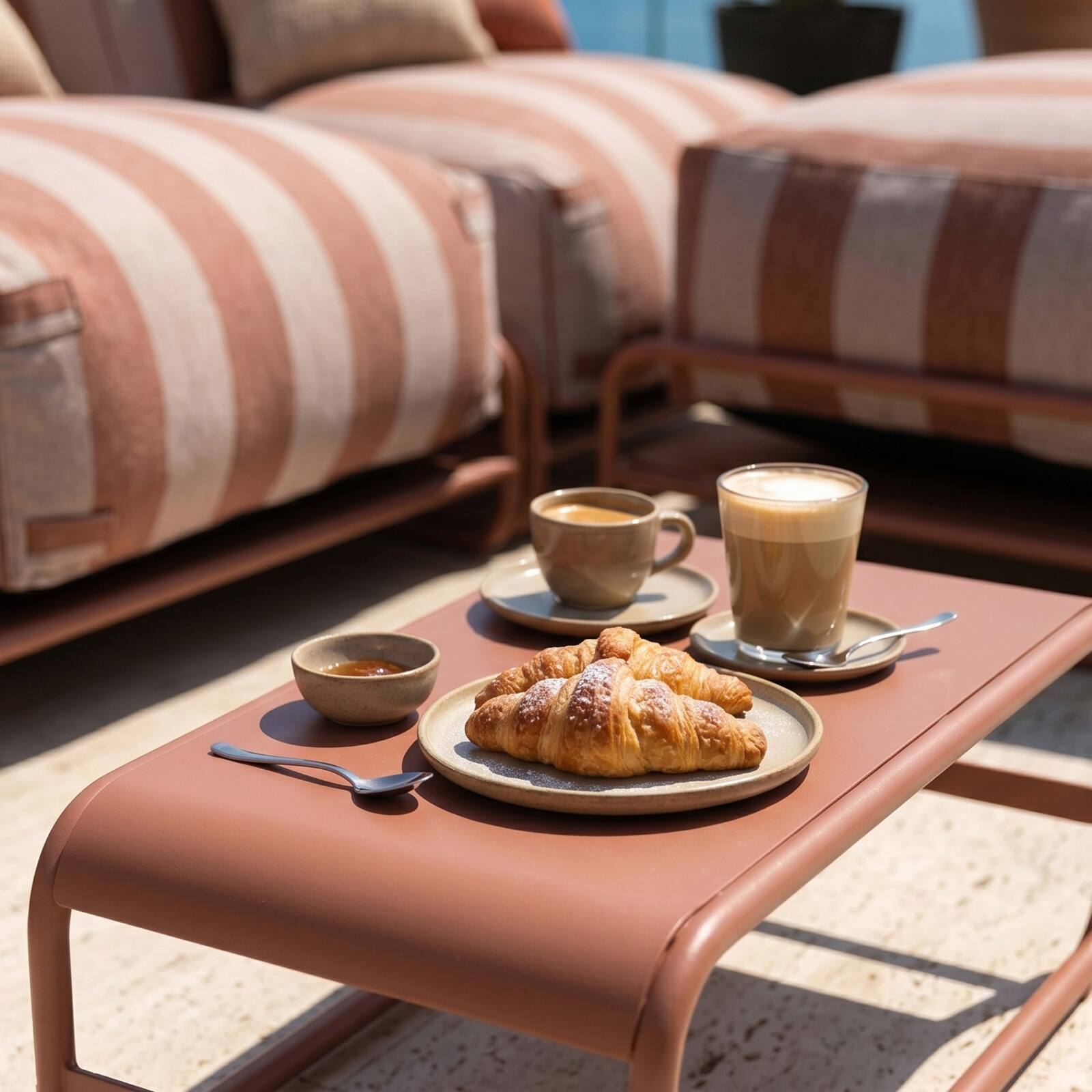 Salon de jardin modulable rayé 4 places avec structure, 3 chauffeuses, 1 pouf et table basse