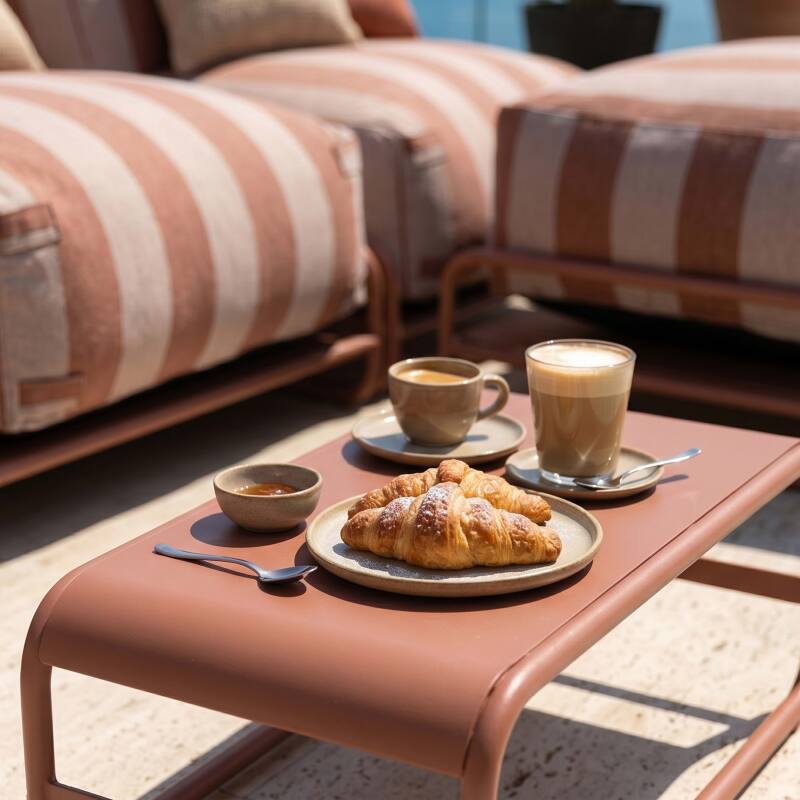 Salon de jardin modulable rayé 4 places avec structure, 3 chauffeuses, 1 pouf et table basse (3/7)