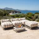 Salon de jardin modulable rayé 4 places avec structure, 3 chauffeuses, 1 pouf et table basse