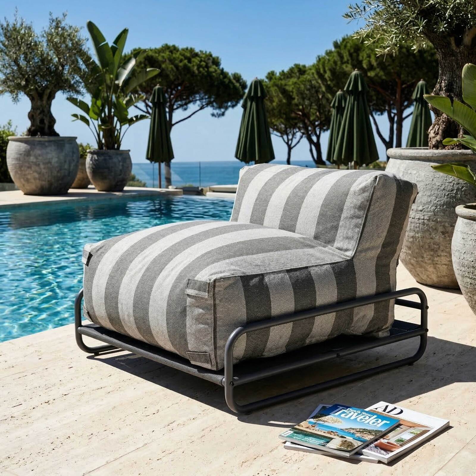 Salon de jardin modulable rayé 4 places avec structure, 3 chauffeuses, 1 pouf et table basse