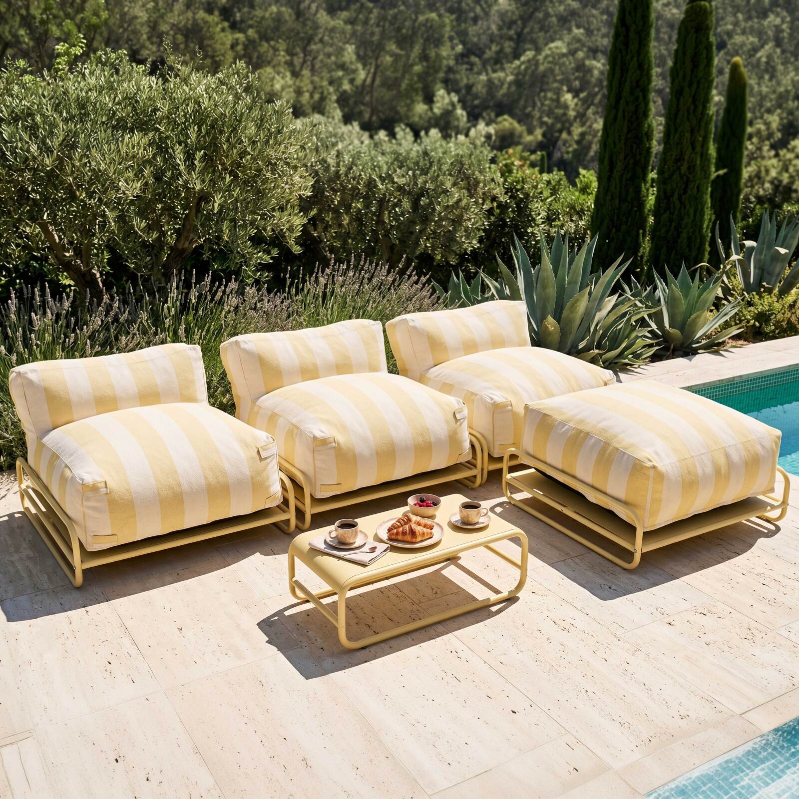 Salon de jardin modulable rayé 4 places avec structure, 3 chauffeuses, 1 pouf et table basse