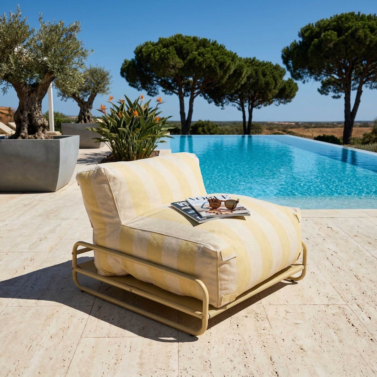 Salon de jardin modulable rayé 4 places avec structure, 3 chauffeuses, 1 pouf et table basse