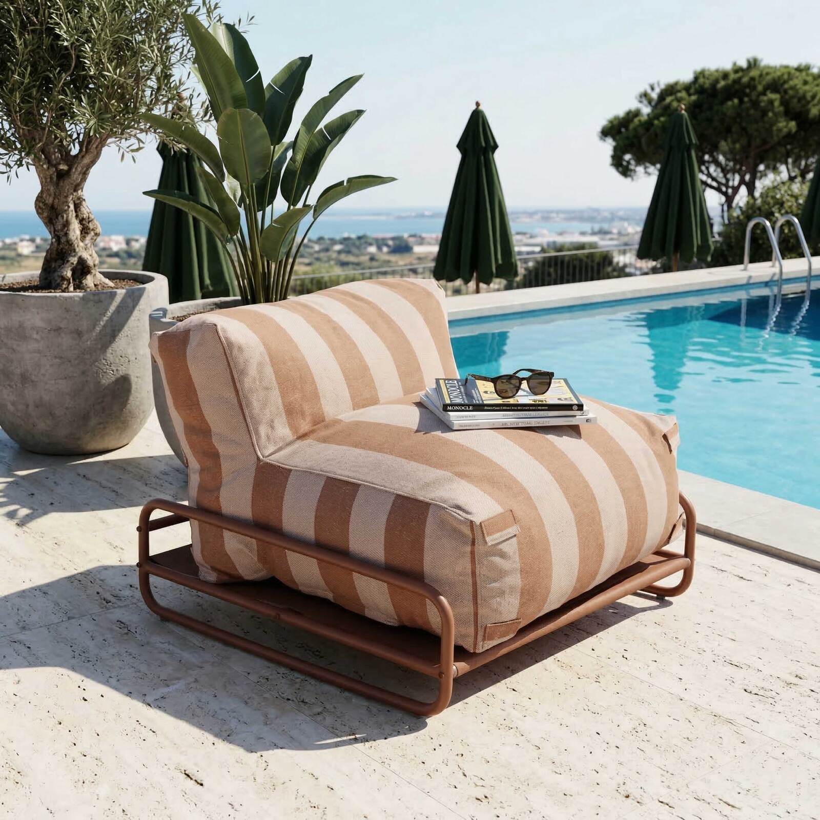 Salon de jardin modulable rayé 4 places avec structure, 3 chauffeuses, 1 pouf et table basse