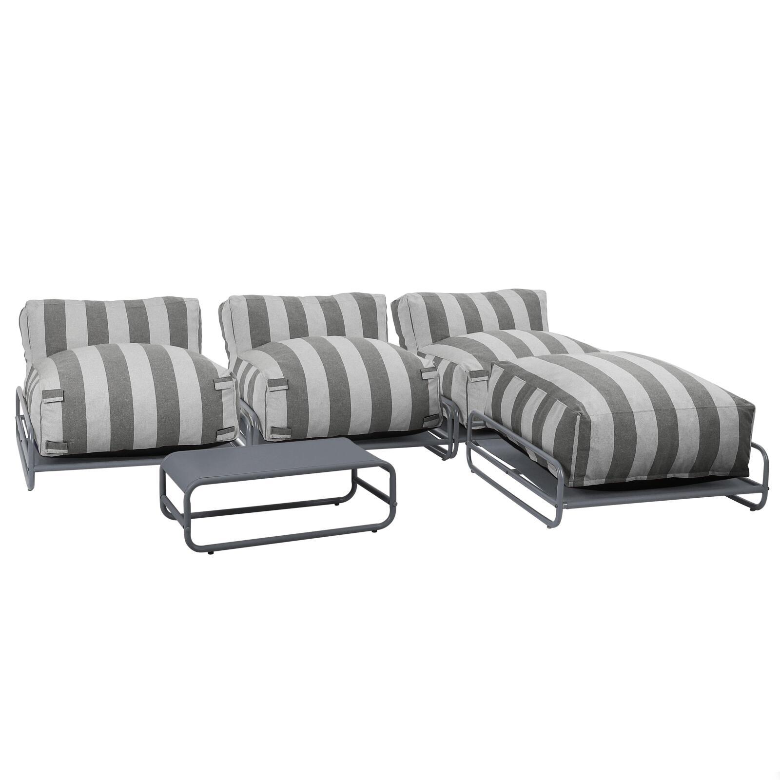 Salon de jardin modulable rayé 4 places avec structure, 3 chauffeuses, 1 pouf et table basse