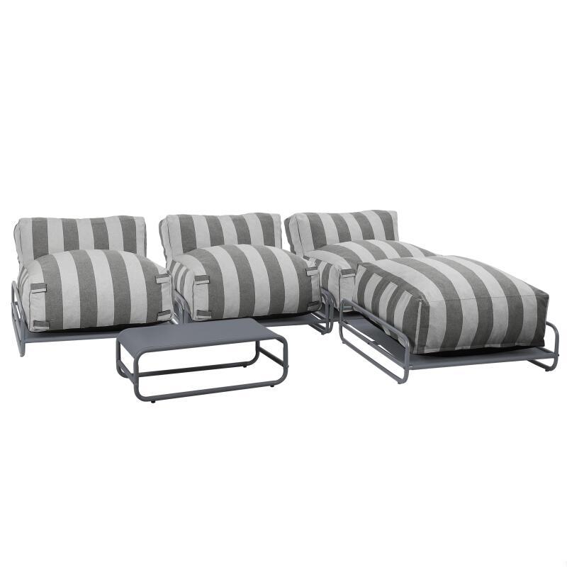 Salon de jardin modulable rayé 4 places avec structure, 3 chauffeuses, 1 pouf et table basse