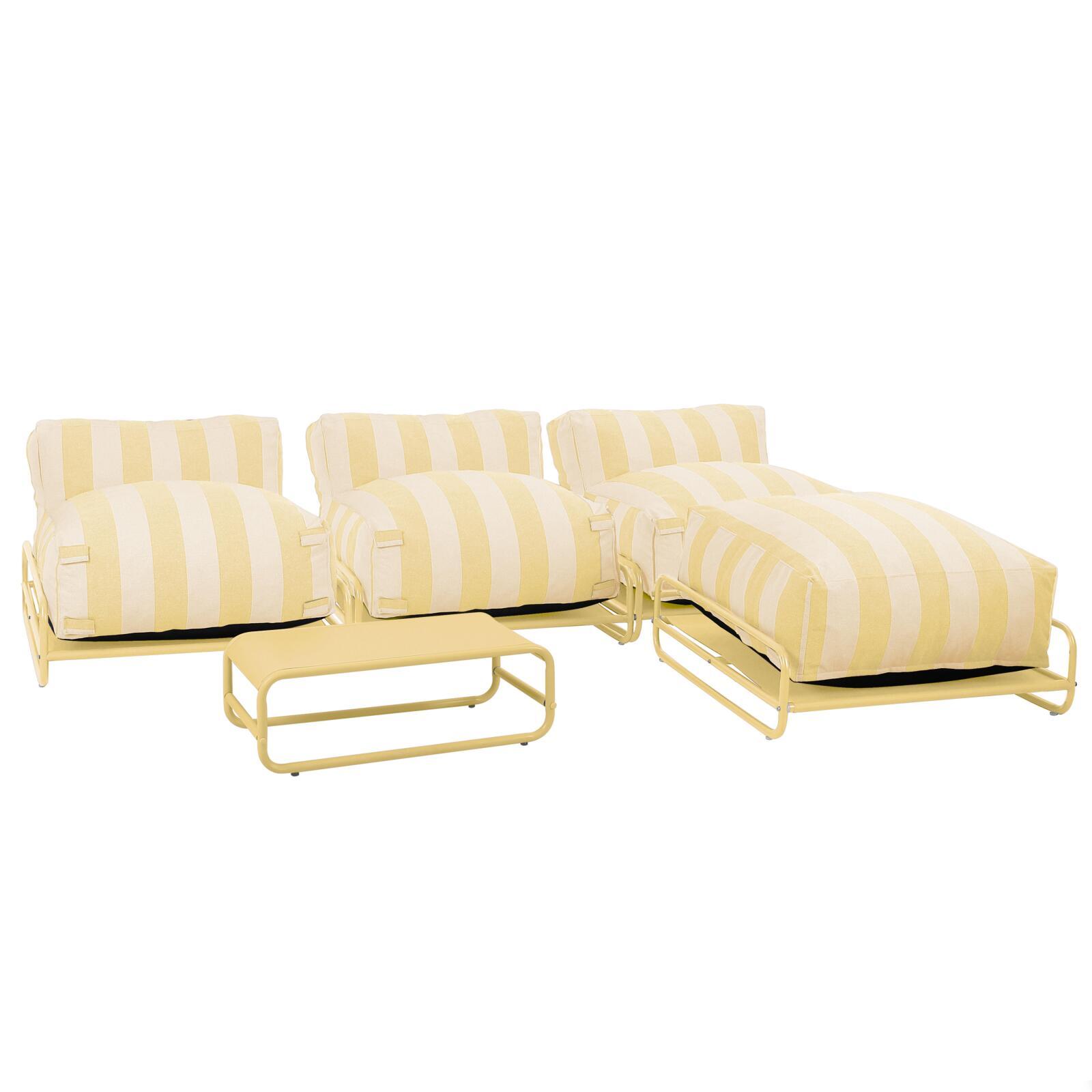Salon de jardin modulable rayé 4 places avec structure, 3 chauffeuses, 1 pouf et table basse