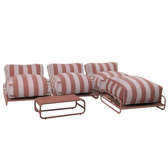 Salon de jardin modulable rayé 4 places avec structure, 3 chauffeuses, 1 pouf et table basse