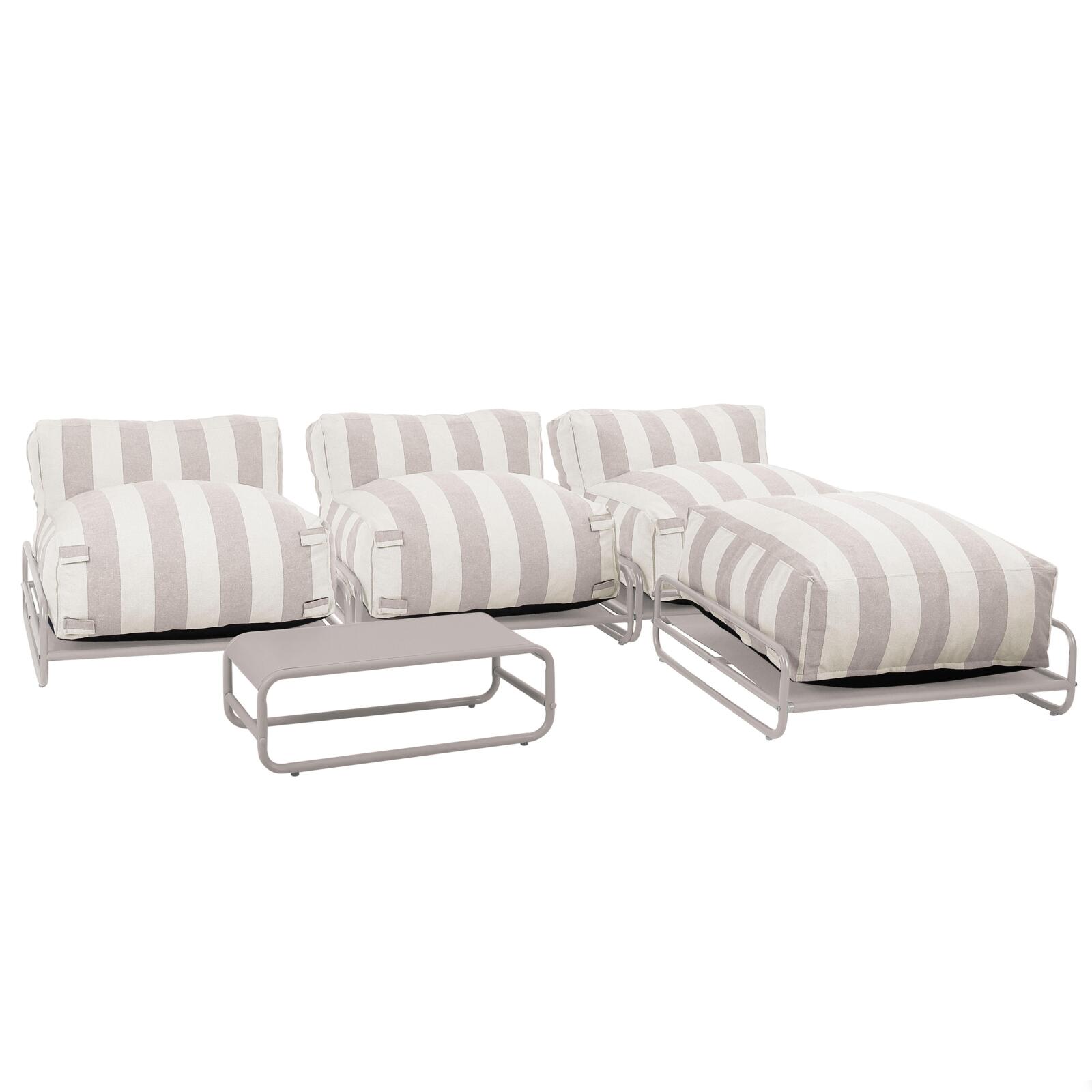 Salon de jardin modulable rayé 4 places avec structure, 3 chauffeuses, 1 pouf et table basse