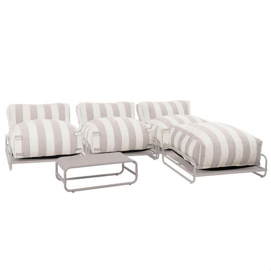 Salon de jardin modulable rayé 4 places avec structure, 3 chauffeuses, 1 pouf et table basse