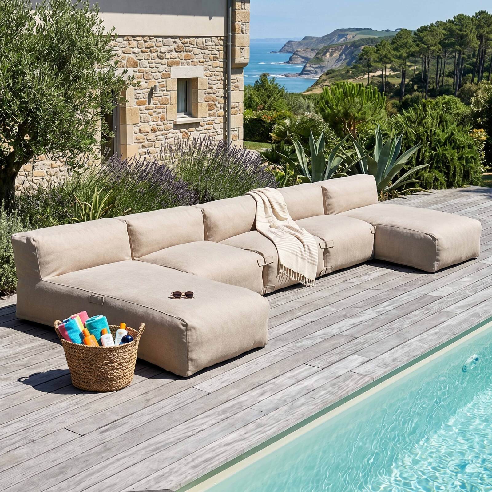 Salon de jardin modulable 5 places avec 3 fauteuils et 2 méridiennes