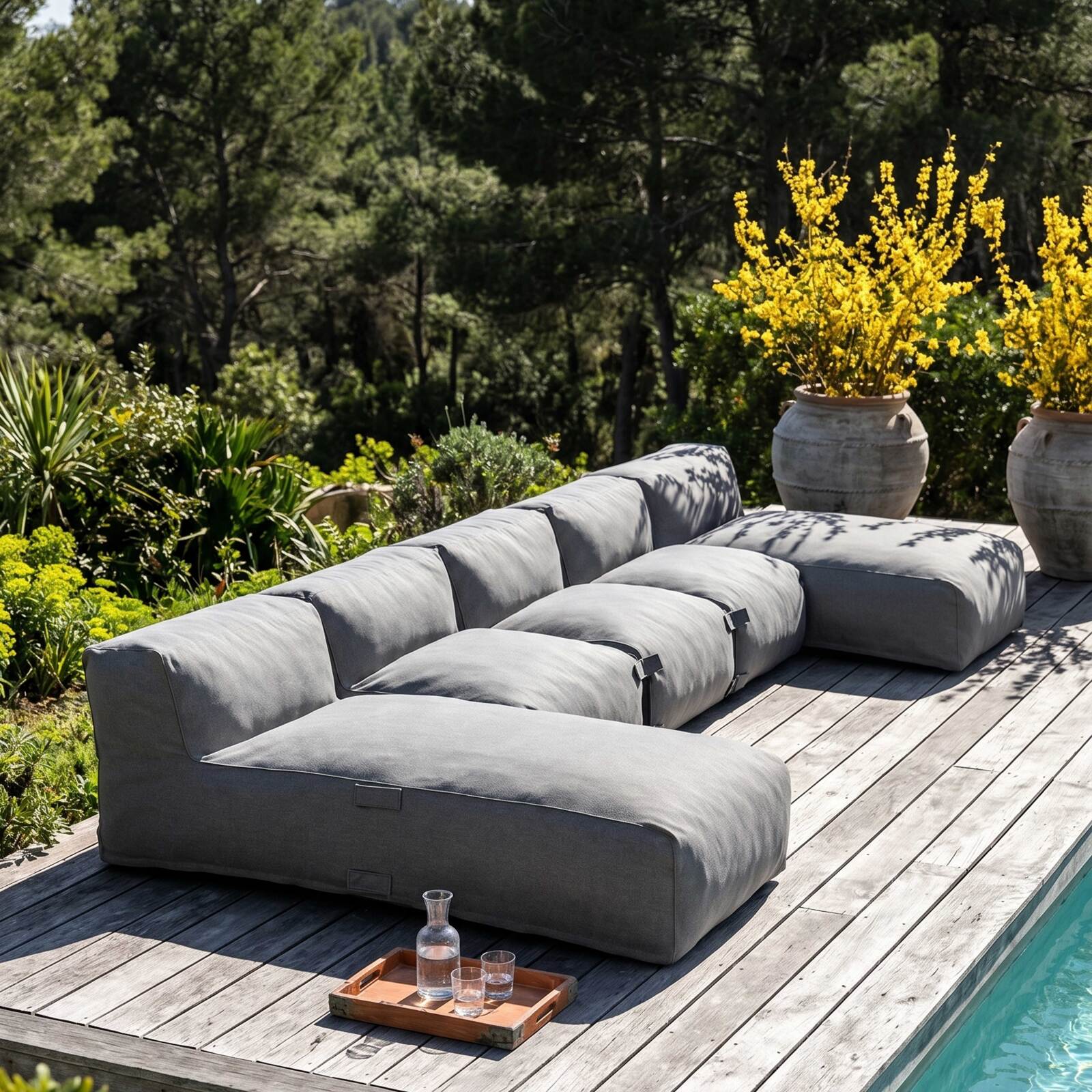 Salon de jardin modulable 5 places avec 3 fauteuils et 2 méridiennes